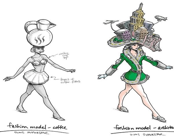 Wczesne szkice koncepcyjne z serii The Sims