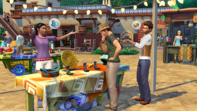 Simowie na targu z The Sims 4 Przygoda w dżungli.