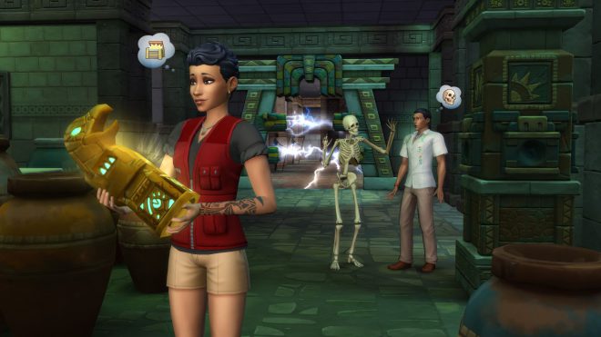 Simowie eksplorujący grobowiec z The Sims 4 Przygoda w dżungli