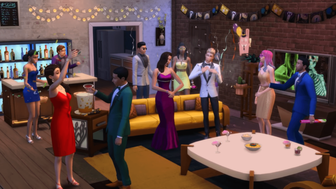 Simowie świętujący Sylwestra w The Sims 4.
