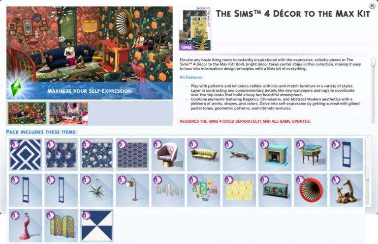 Polski opis kolekcji The Sims 4 Wnętrza z przepychem i jej zawartość