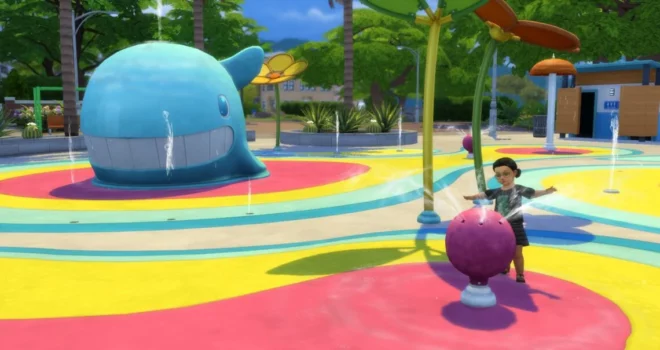 Małe dziecko bawiące się w parku wodnym z The Sims 4 Razem raźniej.