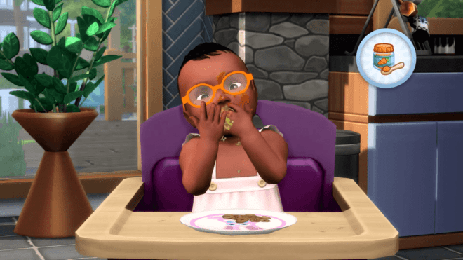 Mała Simka je obiad w The Sims 4 Razem raźniej.