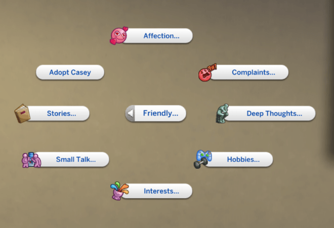 Nowe kategorie wyboru interakcji w The Sims 4.