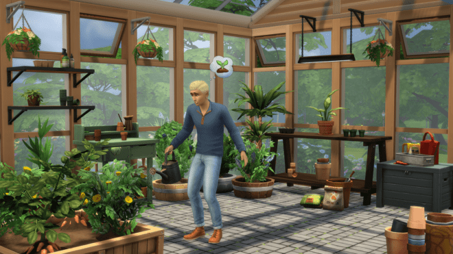 Sim podlewający kwiaty w The Sims 4.