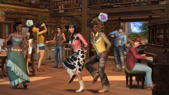 Simowie z The Sims 4 Ranczo tańczący w westernowej scenografii.
