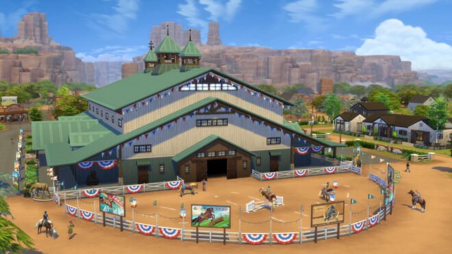 Ośrodek jeździecki z The Sims 4 Ranczo. Wokół widoczni Simowie trenujący na koniach.