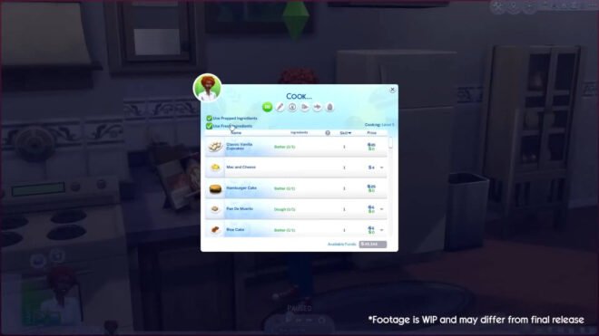 Odświeżone menu gotowania w The Sims 4.