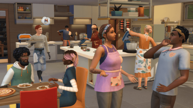 Simowie w kuchni z The Sims 4 Domowy kucharz Akcesoria.