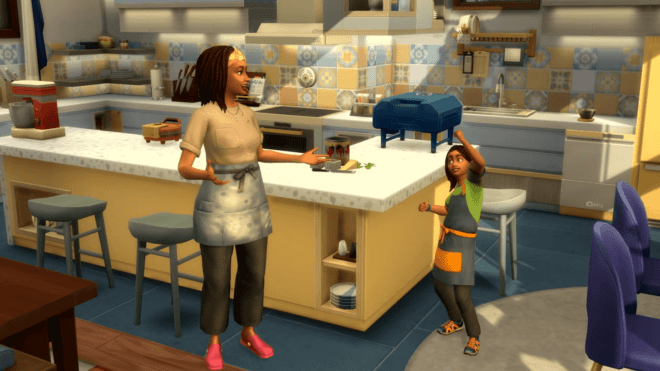 Simowa rodzina w kuchni z The Sims 4 Domowy kucharz akcesoria.