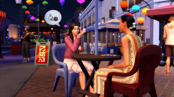 Simki jedzące posiłek na ulicy Tomarangu z dodatku The Sims 4 Do wynajęcia.