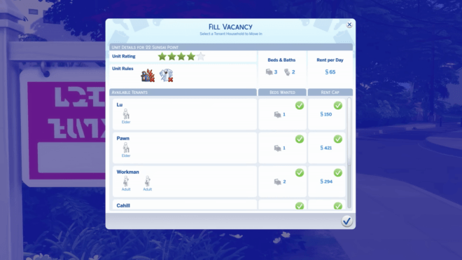 Na zdjęciu widoczny jest panel ocen mieszkanie na wynajem w dodatku The Sims 4 Do wynajęcia.