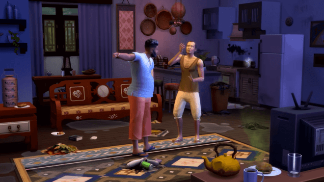 Sim eksmitujący innego Sima w The Sims 4 Do wynajęcia.